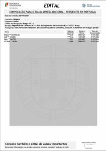 Convoca&ccedil;&atilde;o para o Dia da Defesa Nacional - Residentes em Penso