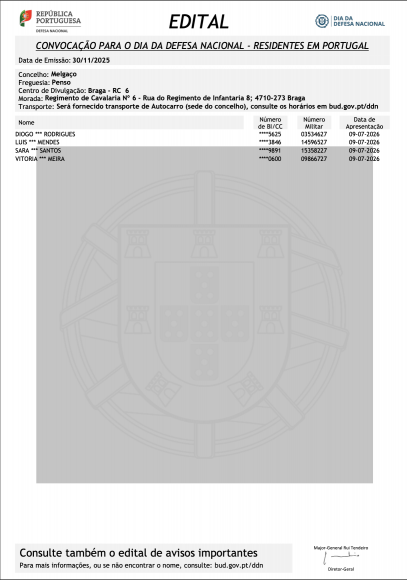Convoca&ccedil;&atilde;o para o Dia da Defesa Nacional - Residentes em Penso